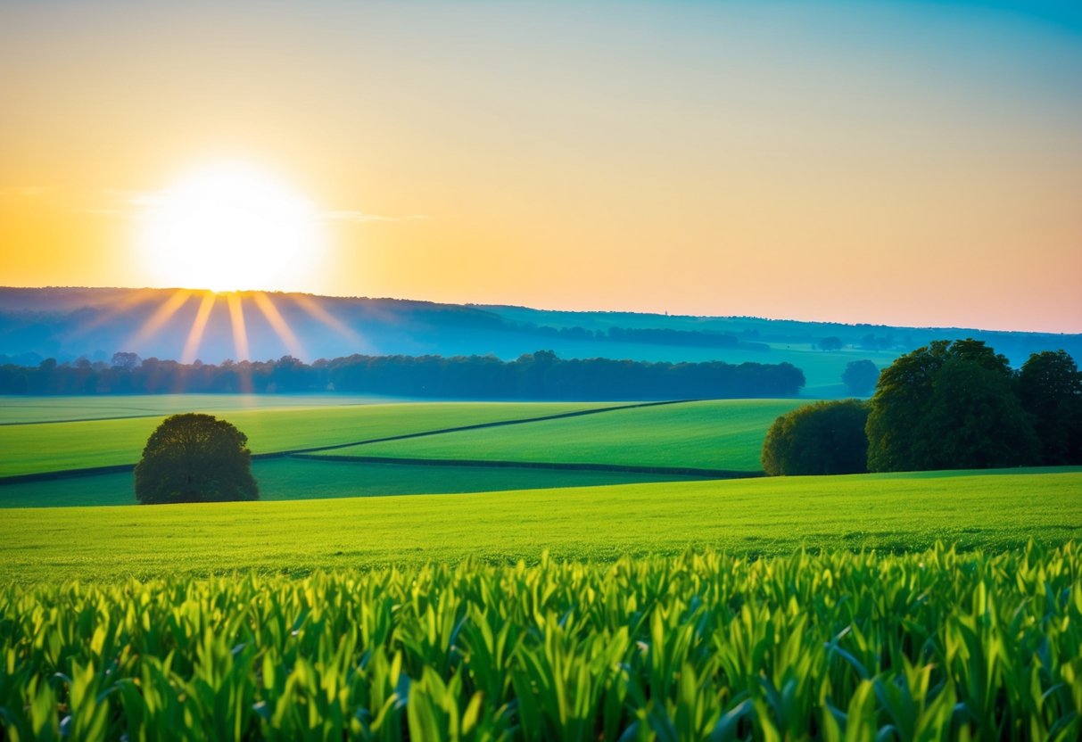 Eine friedliche Landschaft mit einer hellen Sonne, klarem blauen Himmel und üppigen grünen Feldern, die ein Gefühl von Glück und Zufriedenheit hervorrufen.