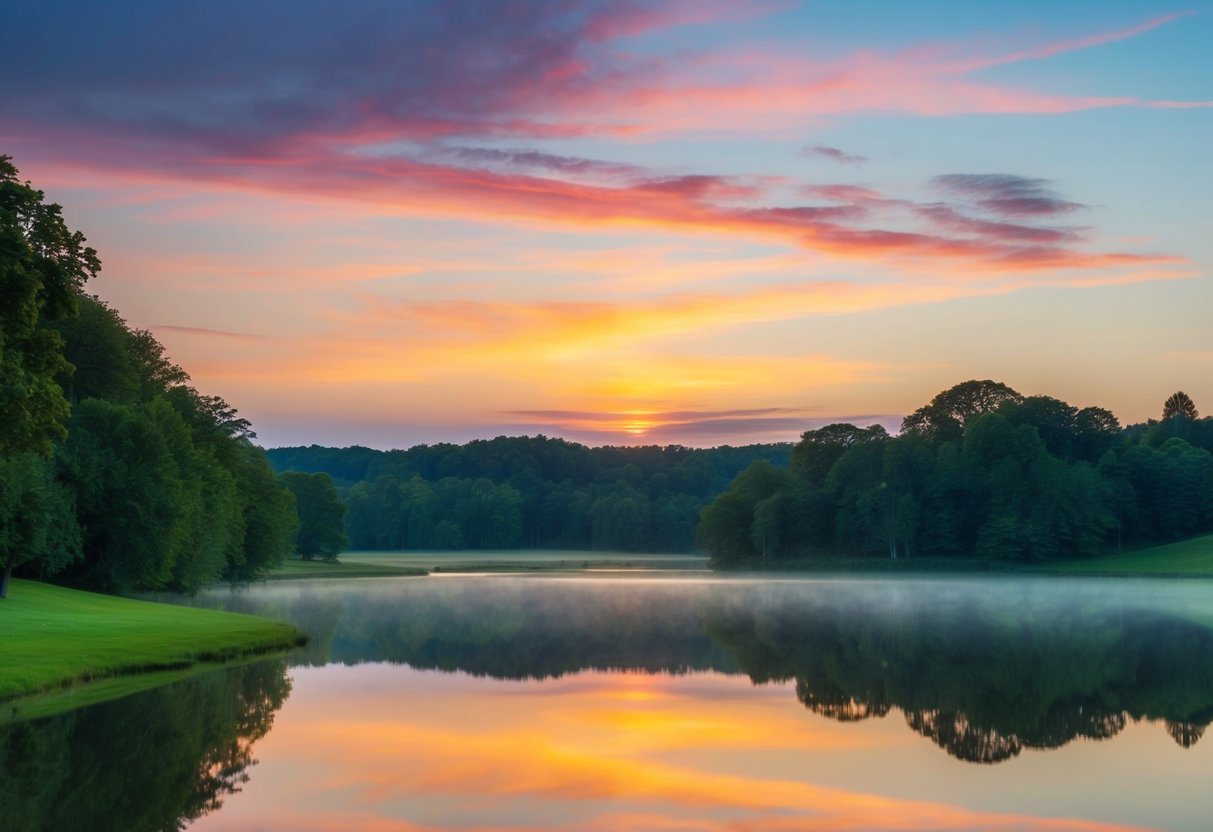 Eine ruhige Landschaft mit einem bunten Sonnenuntergang, der sich auf einem ruhigen See widerspiegelt, umgeben von üppigem Grün.