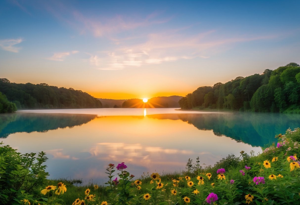 Eine ruhige Landschaft mit einem lebhaften Sonnenaufgang über einem ruhigen See, umgeben von üppigem Grün und bunten Blumen.