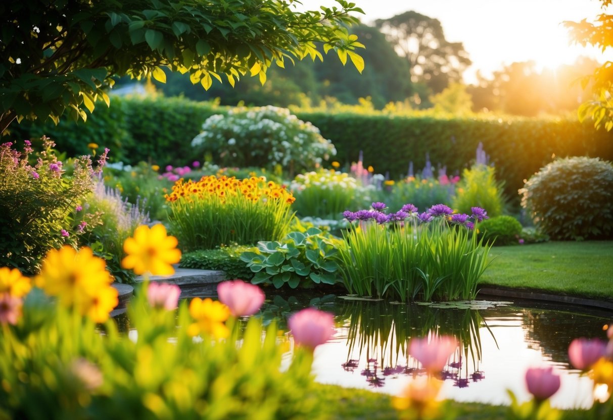 Ein ruhiger Garten mit bunten Blumen und einem friedlichen Teich, umgeben von üppigem Grün und in warmes Sonnenlicht getaucht.