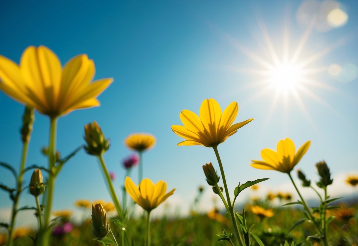 Eine ruhige Landschaft mit lebhaften Blumen, einem klaren blauen Himmel und einer strahlenden Sonne, die ein Gefühl von Glück und Positivität hervorruft.