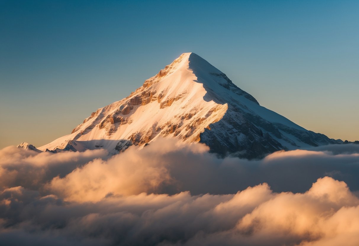 Ein Berggipfel, der über den Wolken emporragt und im goldenen Sonnenlicht badet