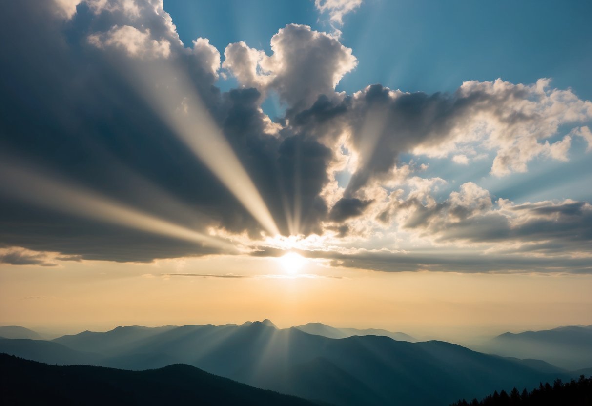 Ein Sonnenaufgang über einer ruhigen Berglandschaft, mit Lichtstrahlen, die durch die Wolken brechen und neue Möglichkeiten und Motivation symbolisieren.