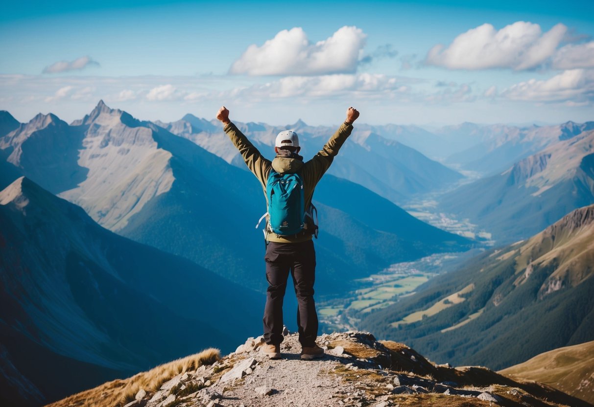 Eine Person, die auf einem Berggipfel steht, die Arme triumphierend erhoben, umgeben von einem atemberaubenden Blick auf Täler und Gipfel.