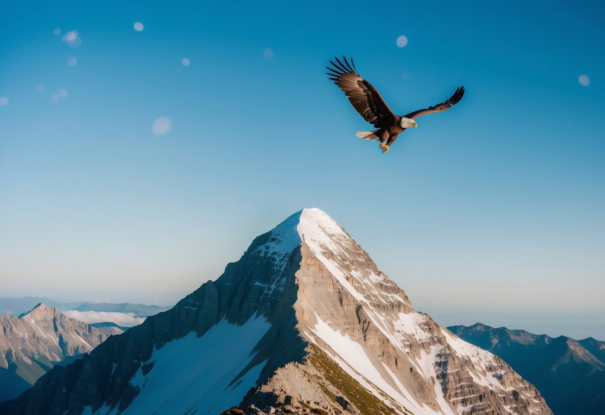 Ein Berggipfel mit klarem blauen Himmel und einem schwebenden Adler