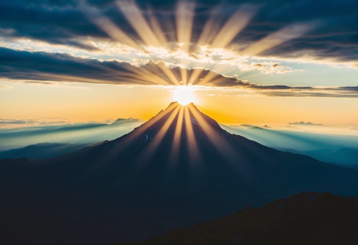 Ein lebendiger Sonnenaufgang über einem Berggipfel, mit Lichtstrahlen, die durch die Wolken brechen und einen warmen Glanz über die Landschaft werfen.