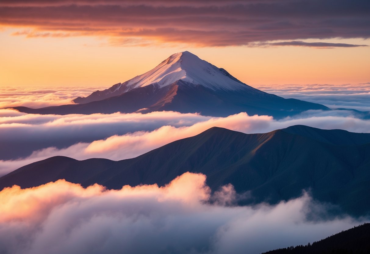 Ein Berggipfel, der über den Wolken emporragt, mit einem lebhaften Sonnenaufgang, der einen warmen Glanz über die Landschaft wirft.