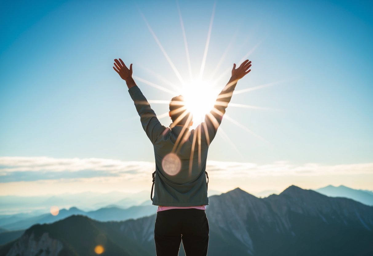 Eine Person, die auf einem Berggipfel steht, mit erhobenen Armen, vor einem strahlenden Sonnen und klarem blauen Himmel im Hintergrund.