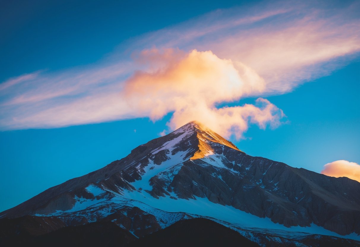 Ein Berggipfel, der gen Himmel ragt, umgeben von einem lebhaften Sonnenaufgang und einem klaren blauen Himmel