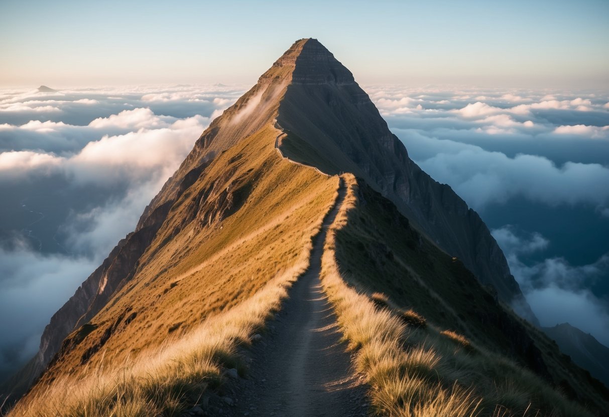 Ein Berggipfel, der über den Wolken emporragt, mit einem Pfad, der zum Gipfel führt