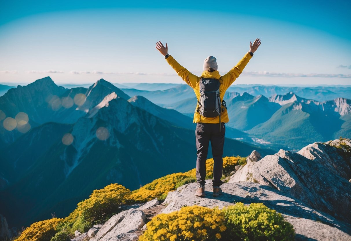 Eine Person, die auf einem Berggipfel steht, die Arme erhoben, umgeben von lebendiger Natur und einem klaren blauen Himmel.