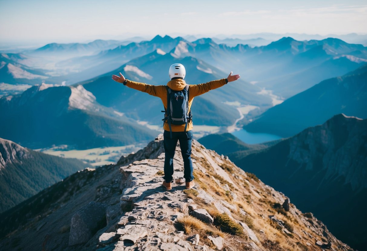 Eine Person, die selbstbewusst auf einem Berggipfel steht, mit ausgebreiteten Armen und auf eine atemberaubende Landschaft blickt.