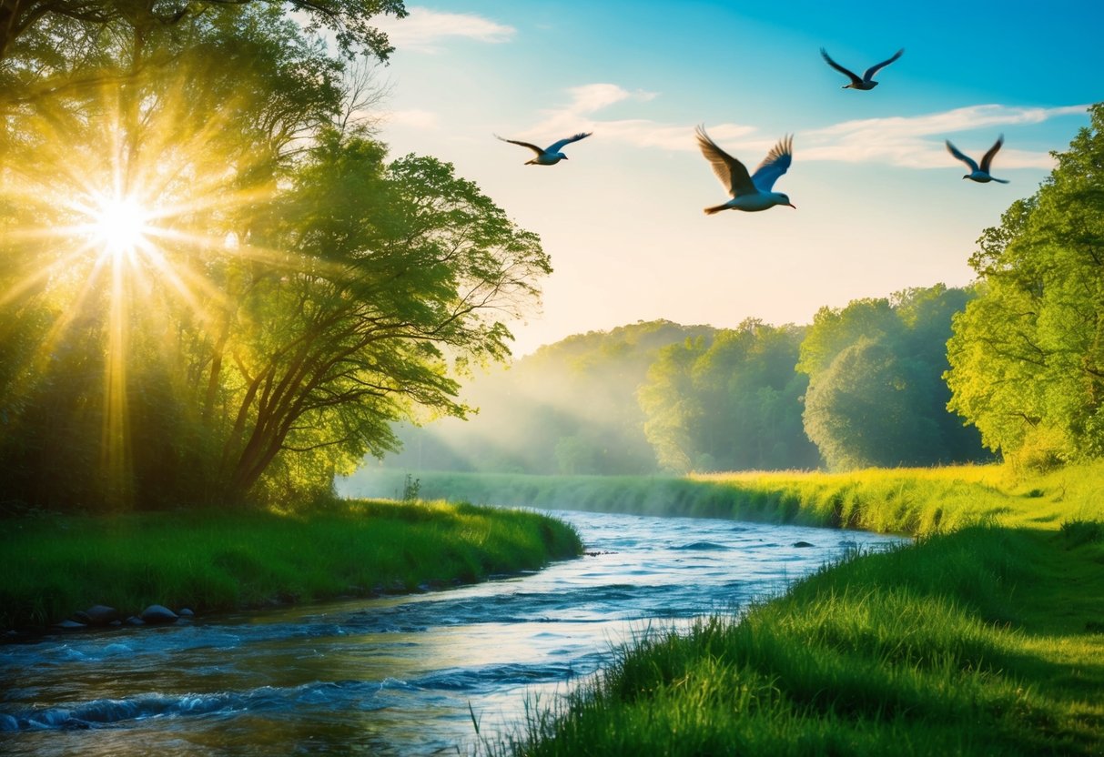 Eine friedliche Naturszene mit Sonnenlicht, das durch die Bäume strömt, Vögeln, die fliegen, und einem ruhigen Fluss, der fließt.