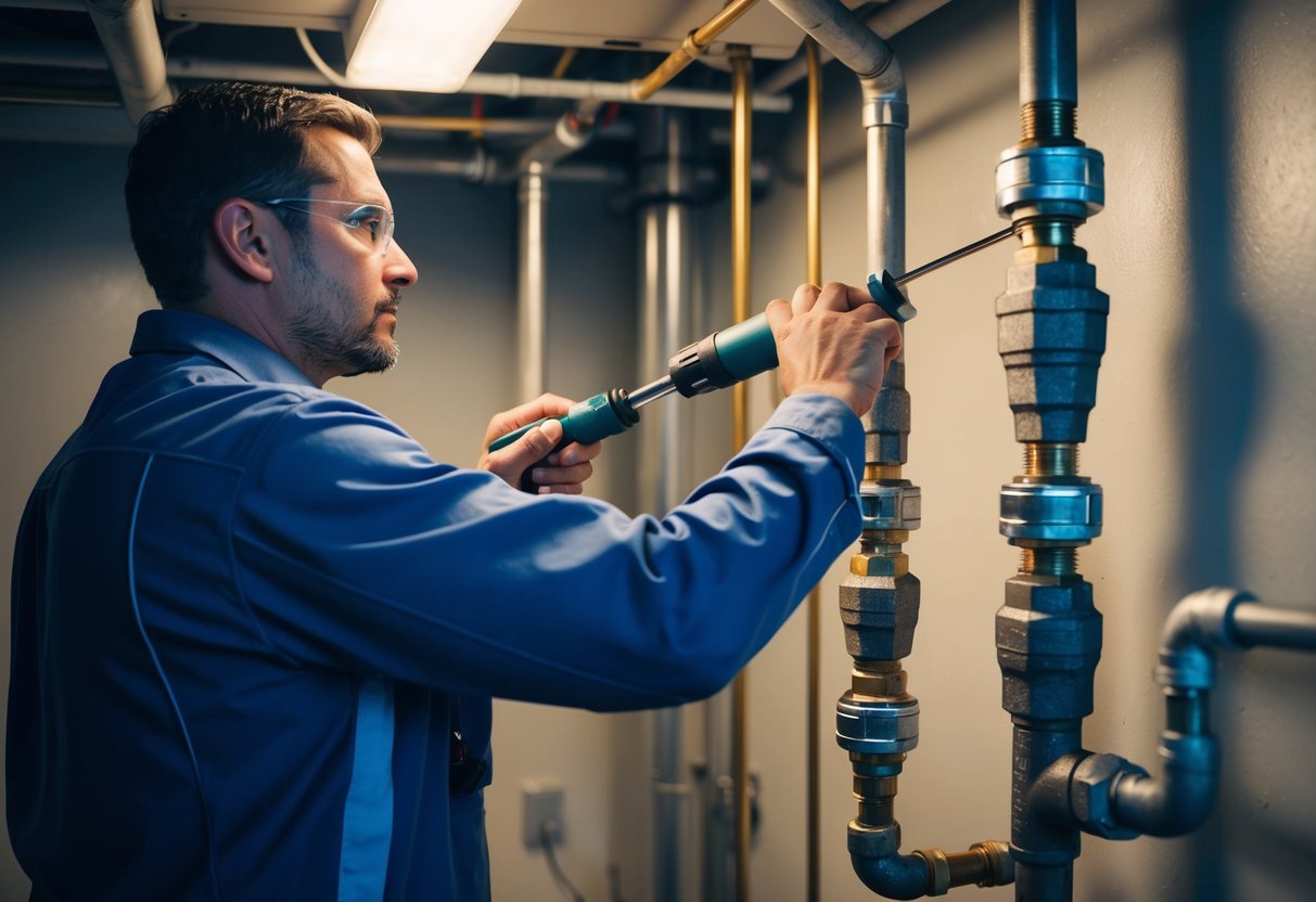 A technician using a specialized tool to inspect pipes for leaks in a dimly lit utility room