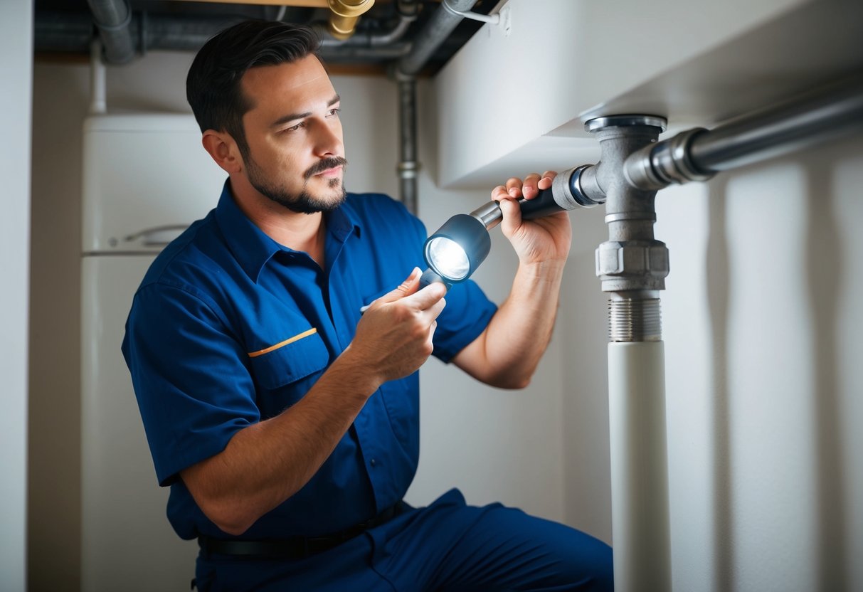 A leak detection specialist carefully examines pipes with a flashlight and listens for any signs of water escaping