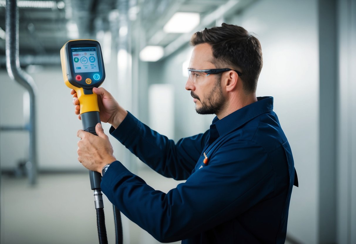 A technician uses a leak detection device to inspect various regions for potential leaks