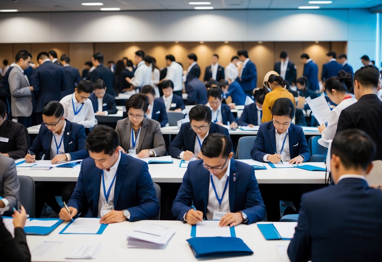 A bustling recruitment event with numerous individuals filling out forms and interacting with staff at a CSPGCL Apprentice Recruitment 2024 overview