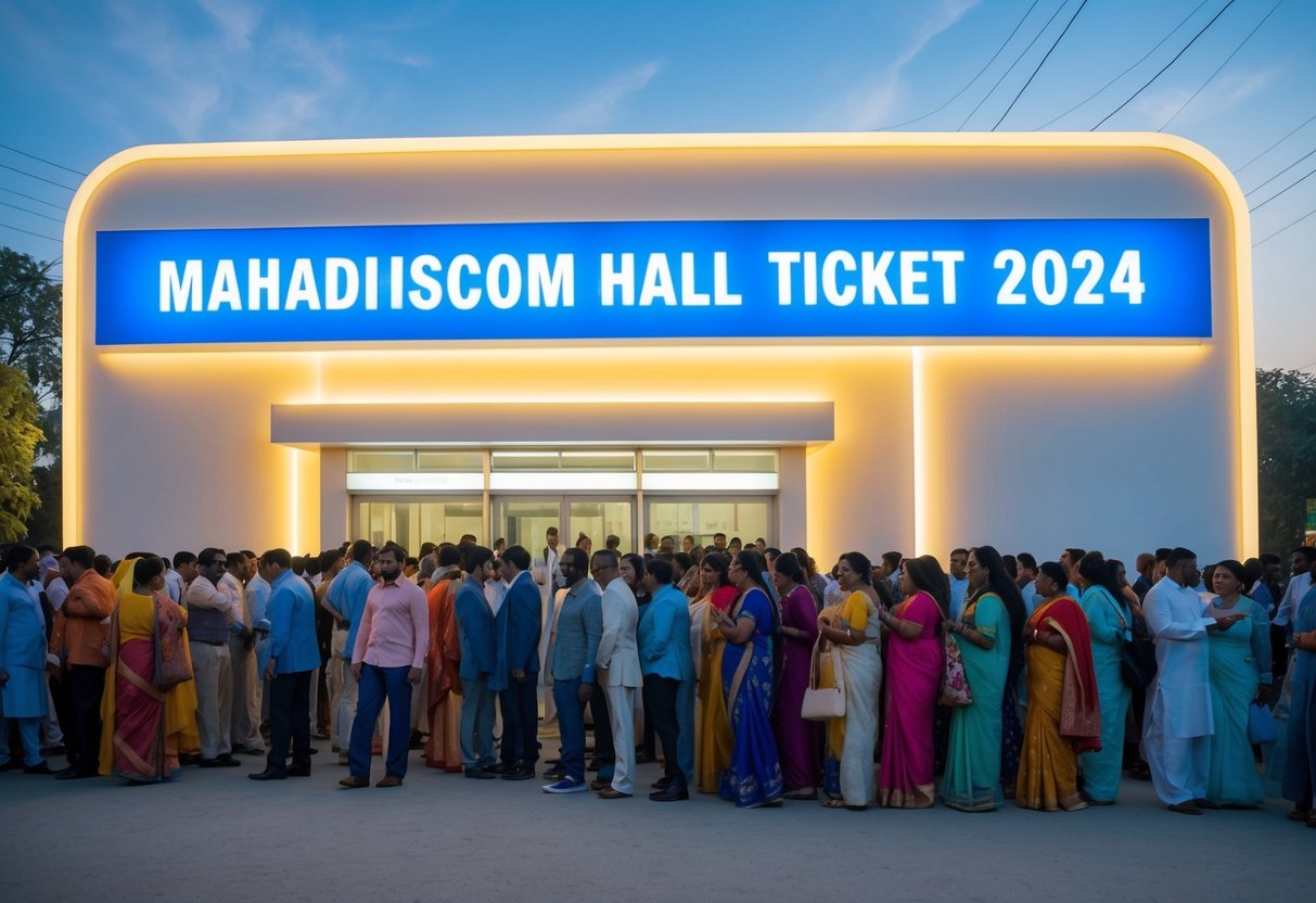 A bright, futuristic-looking electric utility office with a large, illuminated sign displaying "MAHADISCOM Hall Ticket 2024" and a crowd of people eagerly waiting in line