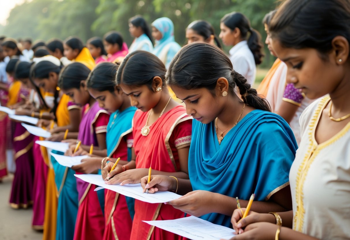 A group of young girls standing in line with their parents, filling out application forms for the Kanya Sumangala Yojana scheme