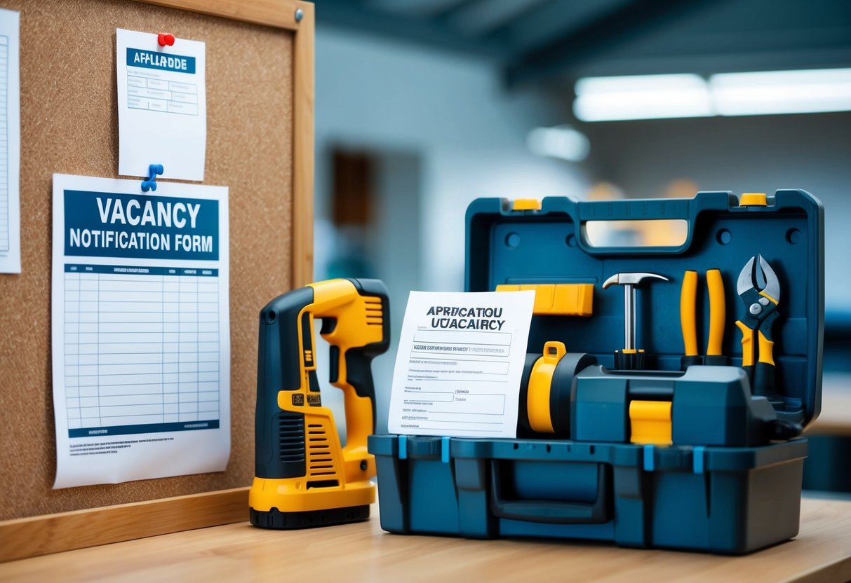 A toolbox with various tools, a neatly filled out application form, and a vacancy notification poster pinned to a bulletin board