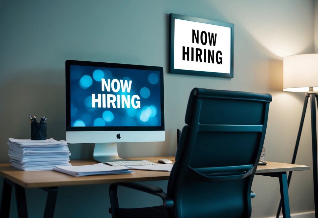 A desk with a computer, chair, and stack of papers. A "Now Hiring" sign on the wall