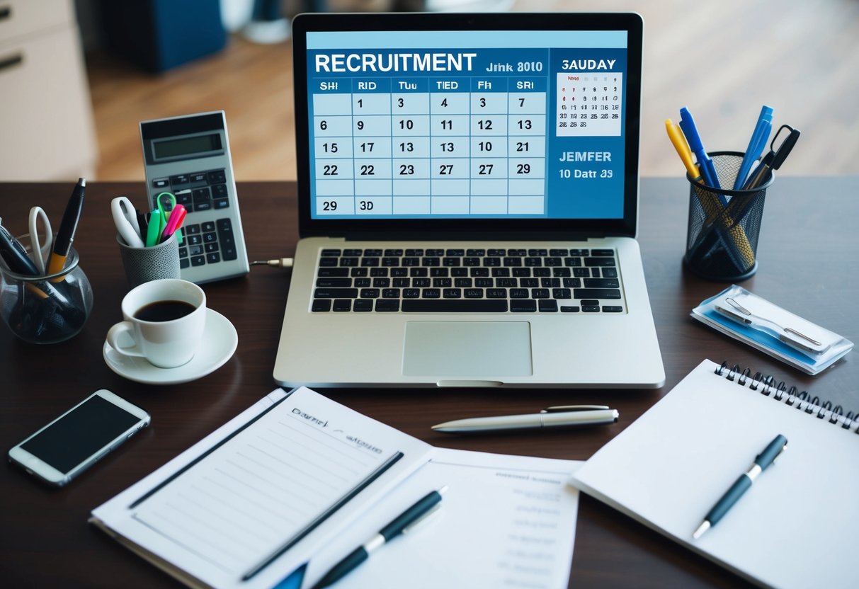 A desk with a laptop, pen, and paper, surrounded by office supplies and a calendar showing the recruitment date