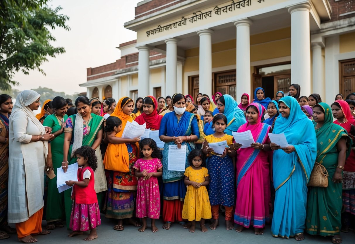 A group of women and children gather outside a government building, eagerly waiting to submit their applications for the Anganwadi worker and helper positions