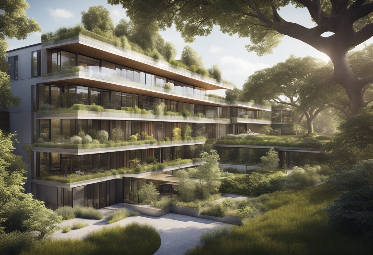 A modern eco-friendly building under construction, featuring solar panels, green roofs, and sustainable materials