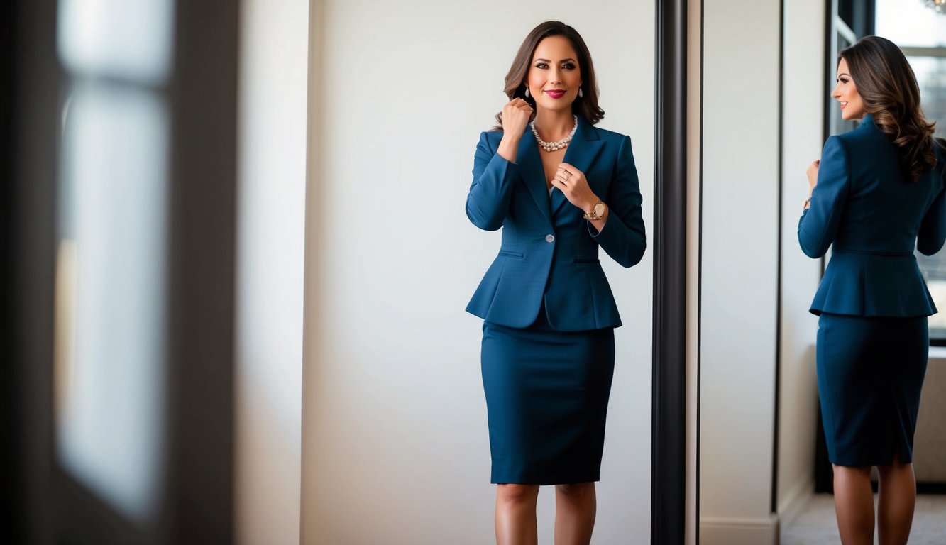 A woman in a professional outfit, wearing a tailored blazer, pencil skirt, and heels, standing in front of a mirror adjusting her jewelry. The color palette reflects the seasonal and format considerations