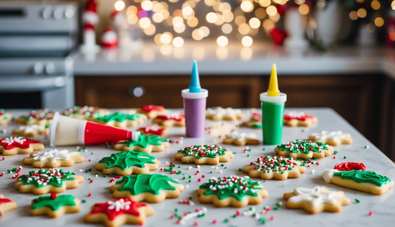 A kitchen counter covered in Christmas cookies being decorated with icing, sprinkles, and colorful frosting tubes