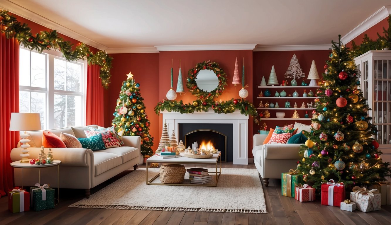 A cozy living room adorned with a colorful array of handmade ornaments, twinkling lights, and festive garlands, creating a warm and inviting holiday atmosphere