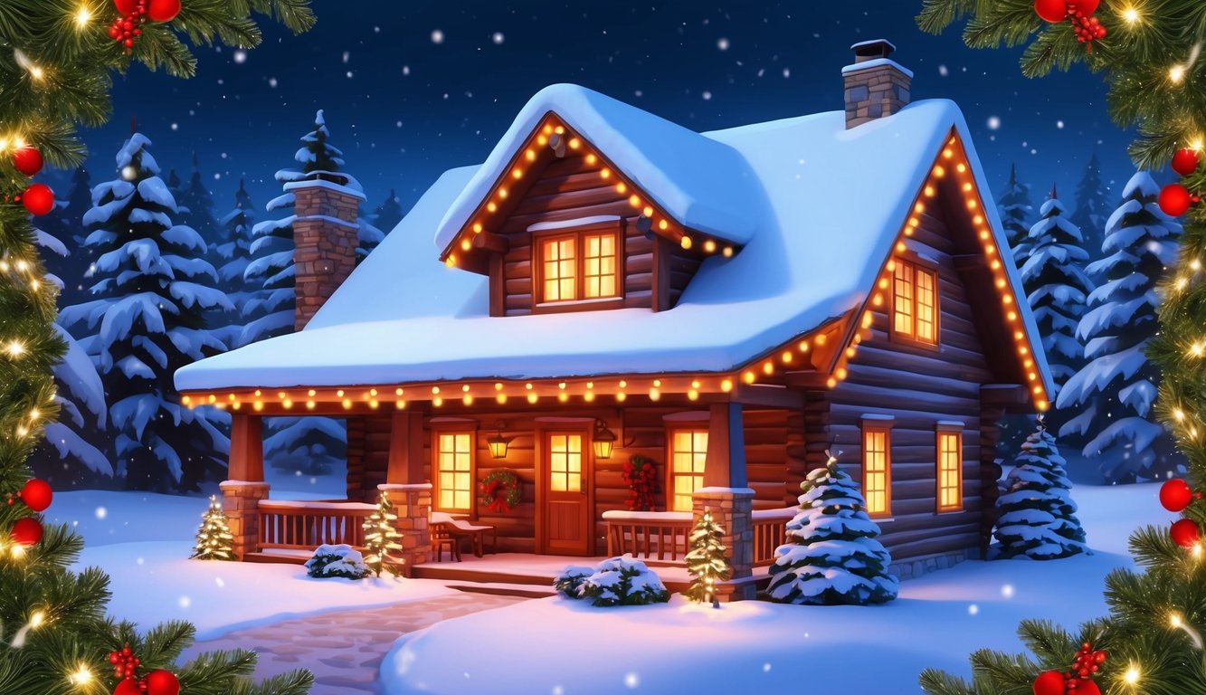 A cozy cabin with a snow-covered roof and warm glowing windows, surrounded by twinkling lights and festive wreaths