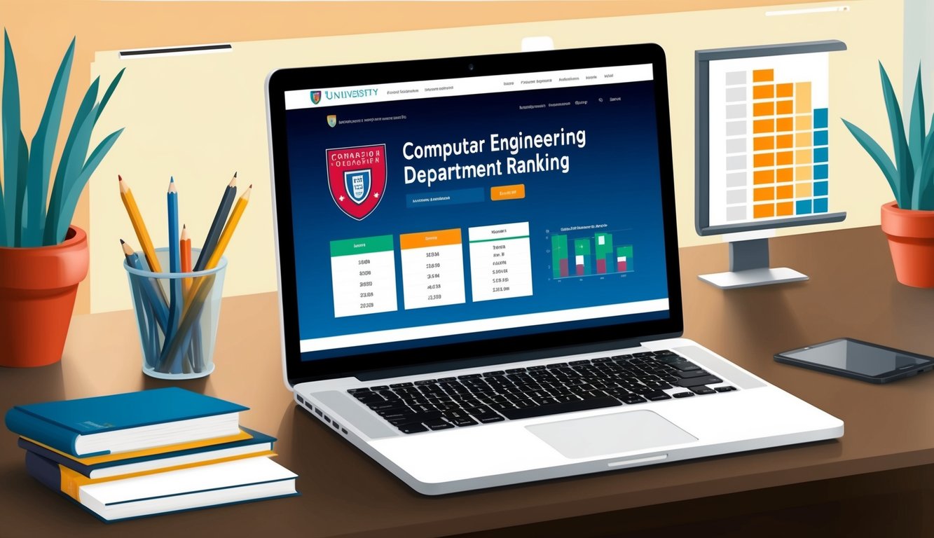 Bir dizüstü bilgisayar ekranında üniversite logoları ve veri grafiklerinin yer aldığı bir bilgisayar mühendisliği bölümü sıralama web sitesi