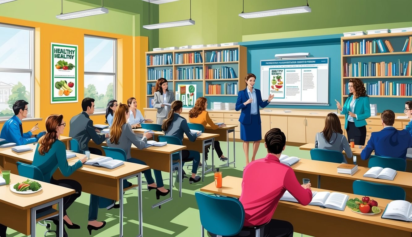 Beslenme ve Diyetetik Bölümü'nde, öğrencilerin derslere ve grup tartışmalarına katıldığı hareketli bir sınıf. Sağlıklı beslenme ile ilgili ders kitapları ve posterlerle dolu raflar.