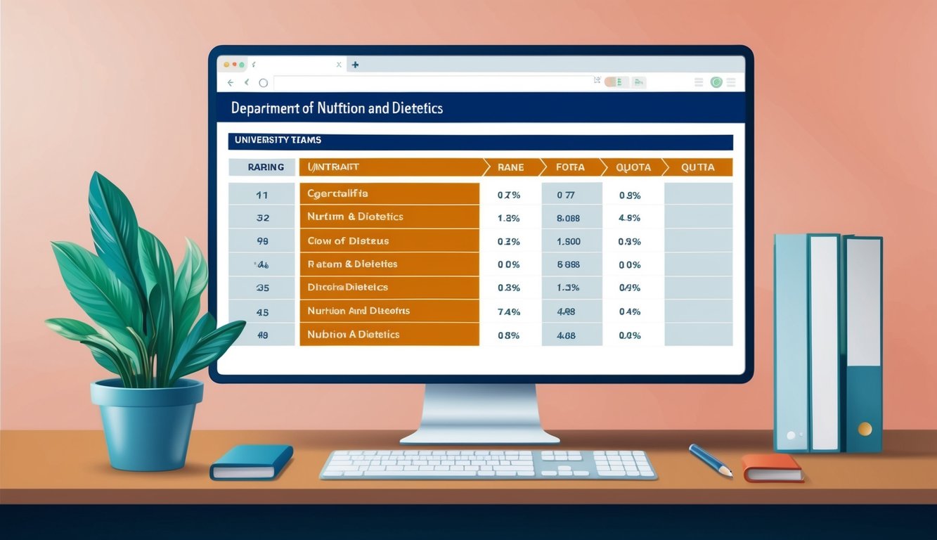 Beslenme ve Diyetetik bölümü için üniversite sıralama ve kontenjan bilgilerini gösteren bir web sayfası