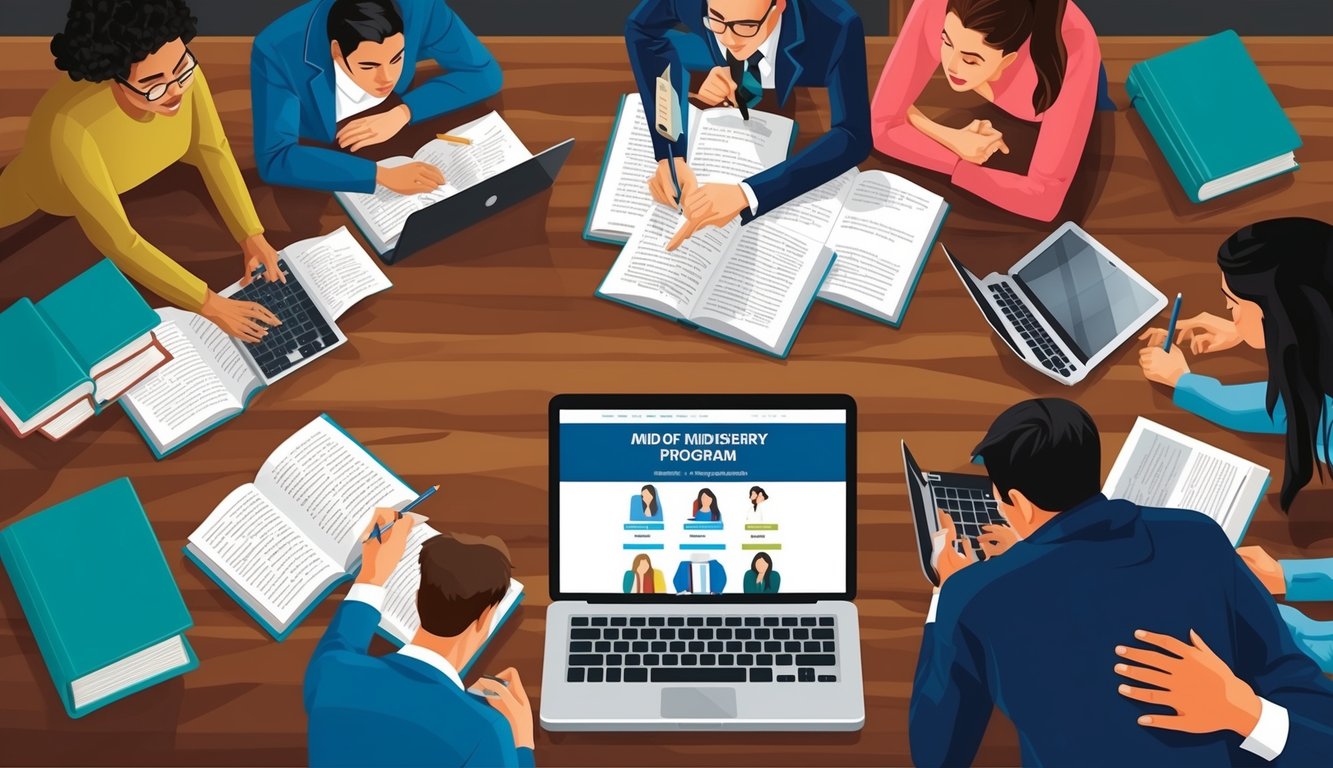 Birlikte çalışan bir grup öğrenci, etraflarında ders kitapları ve dizüstü bilgisayarlar ile, ekranında ebeveynlik programı hakkında bir web sitesi açık durumda.