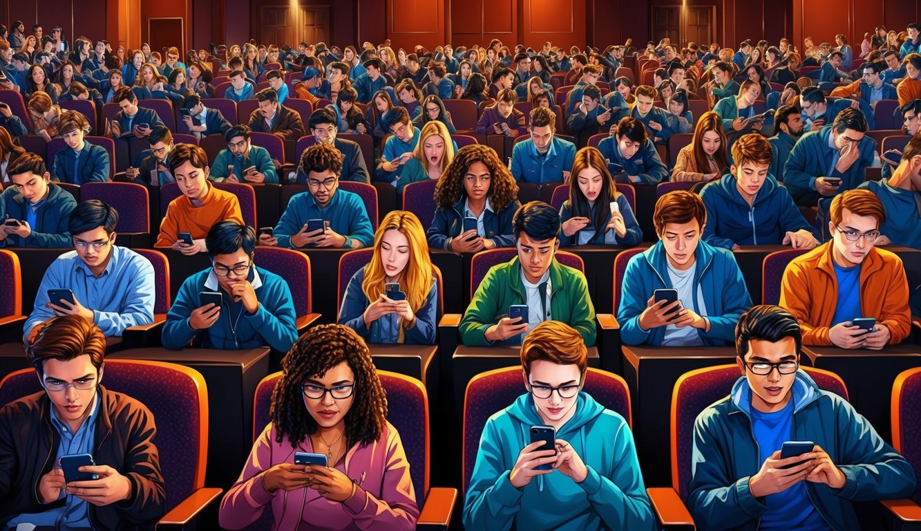 Öğrencilerin heyecanla telefonlarını kontrol ettiği ve sınav puanları ile sıralamalarını tartıştığı kalabalık bir konferans salonu
