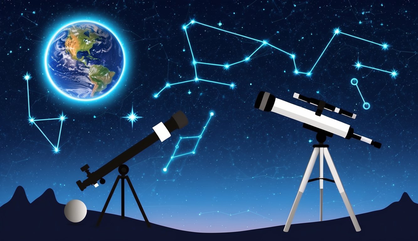 Yıldızlı bir gece gökyüzü, takımyıldızlar ve galaksiler, gökyüzüne bakan bir teleskop ve uzakta parlayan mavi gezegen Dünya