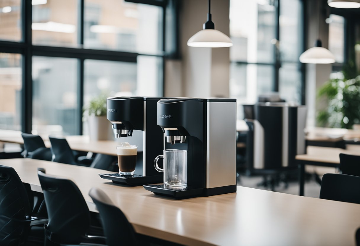 Vand- og kaffedispensere i et moderne kontor co-working space