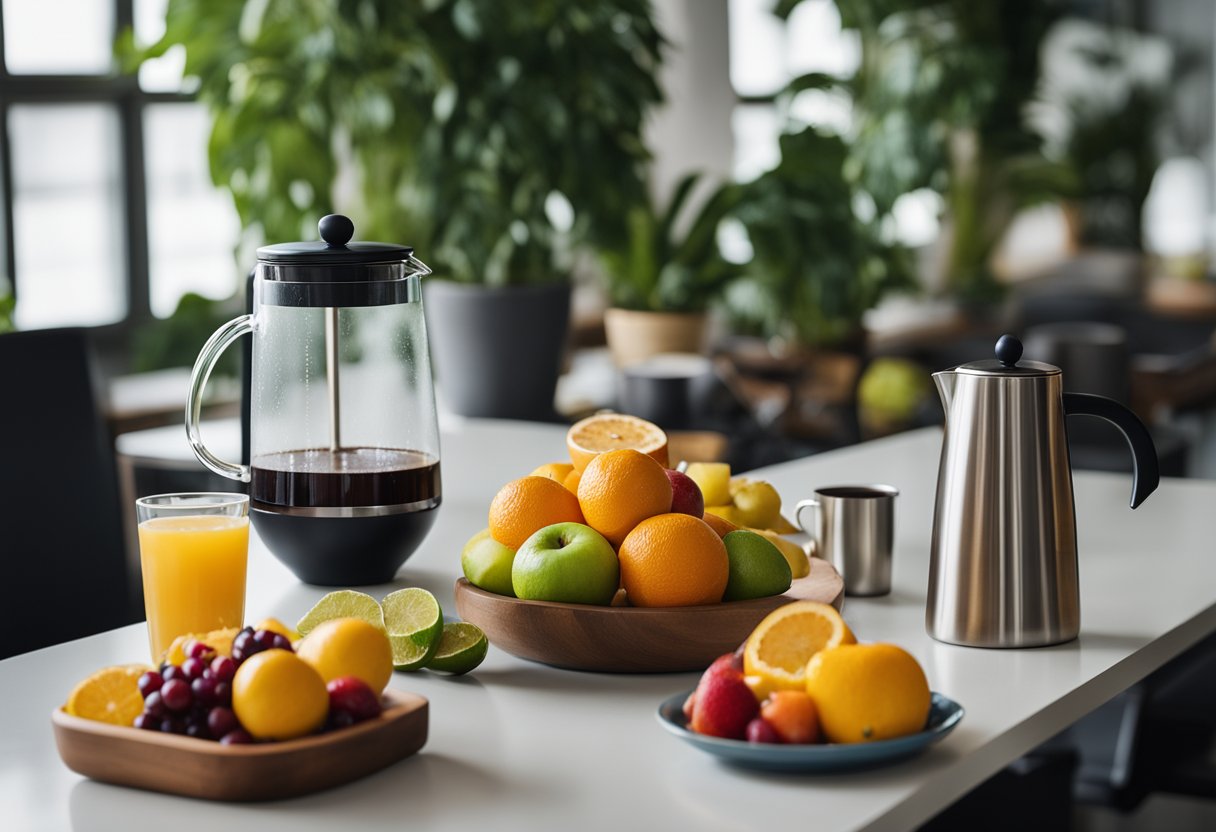 Et farverigt udvalg af friske frugter, en karaffel vand og en dampende kande kaffe på et fælles kontorbord
