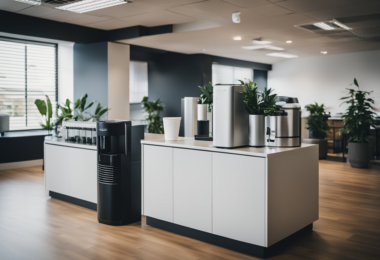 Et fælles kontorlokale med en vandkøler og kaffestation
