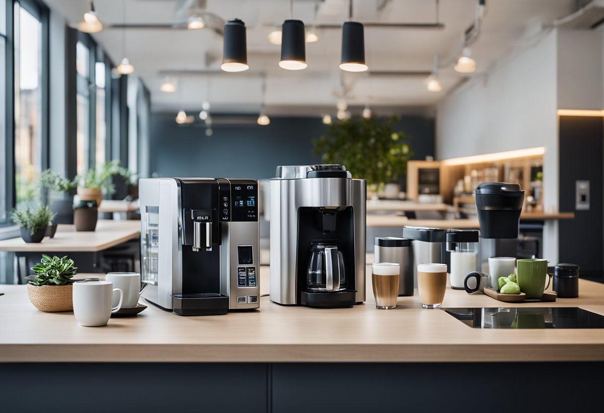 Et lyst og rummeligt kontorkøkken med en stor kaffemaskine, en række krus og en vandkøler