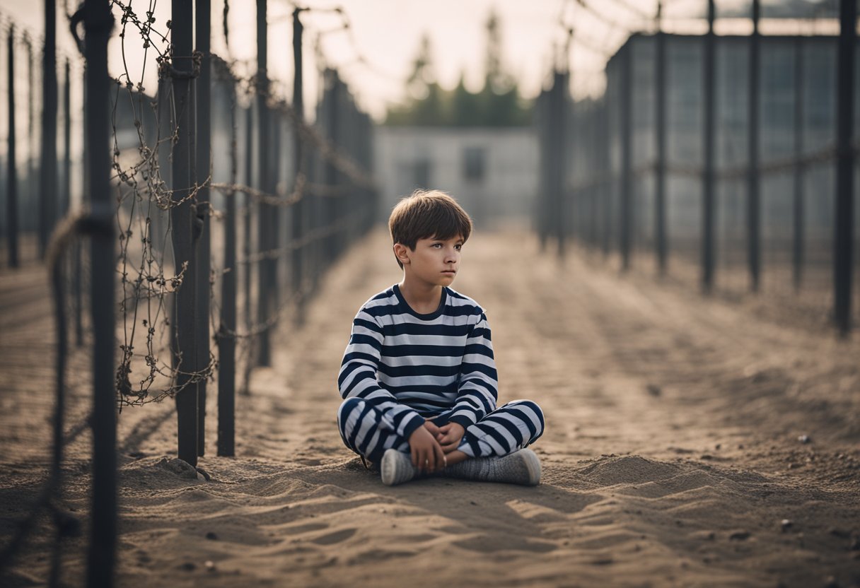 Um menino jovem está sentado sozinho em um campo de concentração desolado, cercado por arame farpado e torres de guarda, vestindo um pijama listrado.