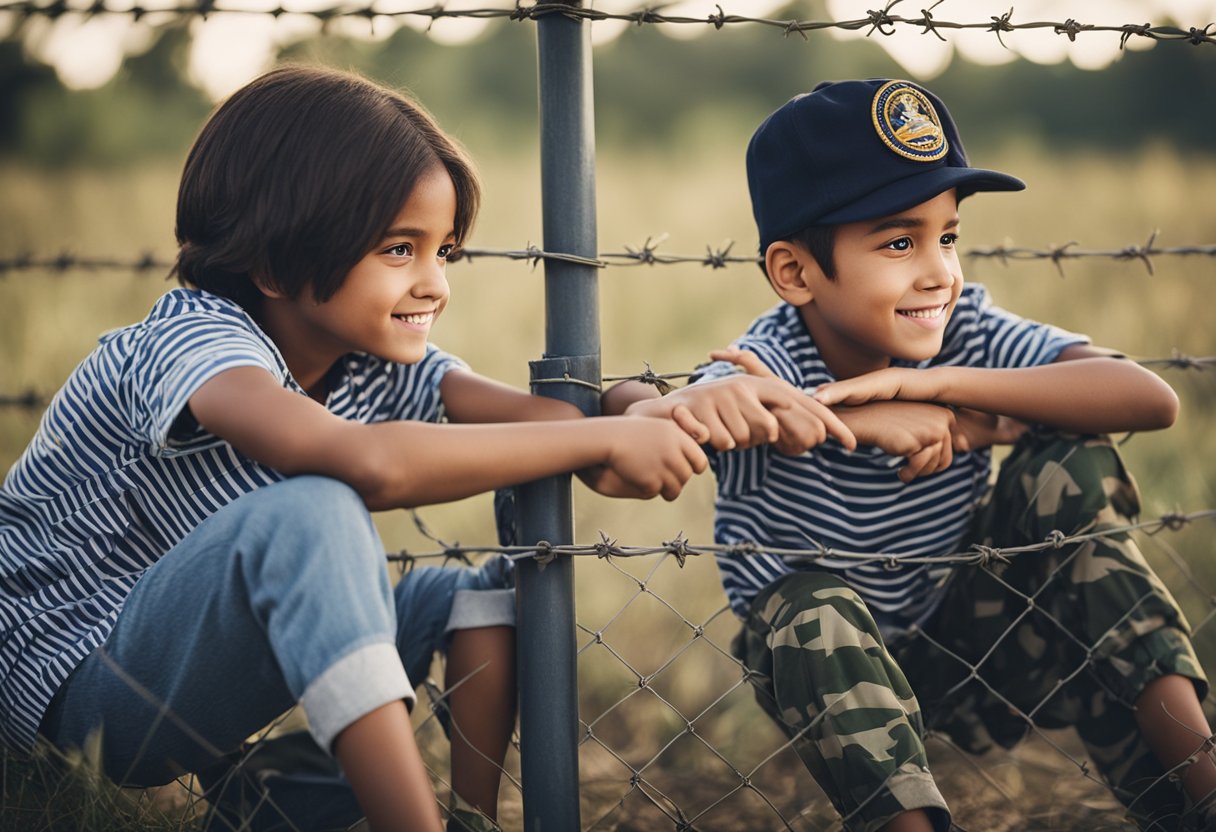 Duas crianças, uma de pijama listrado e a outra de uniforme militar, sentadas em lados opostos de uma cerca de arame farpado, estendendo as mãos uma para a outra.