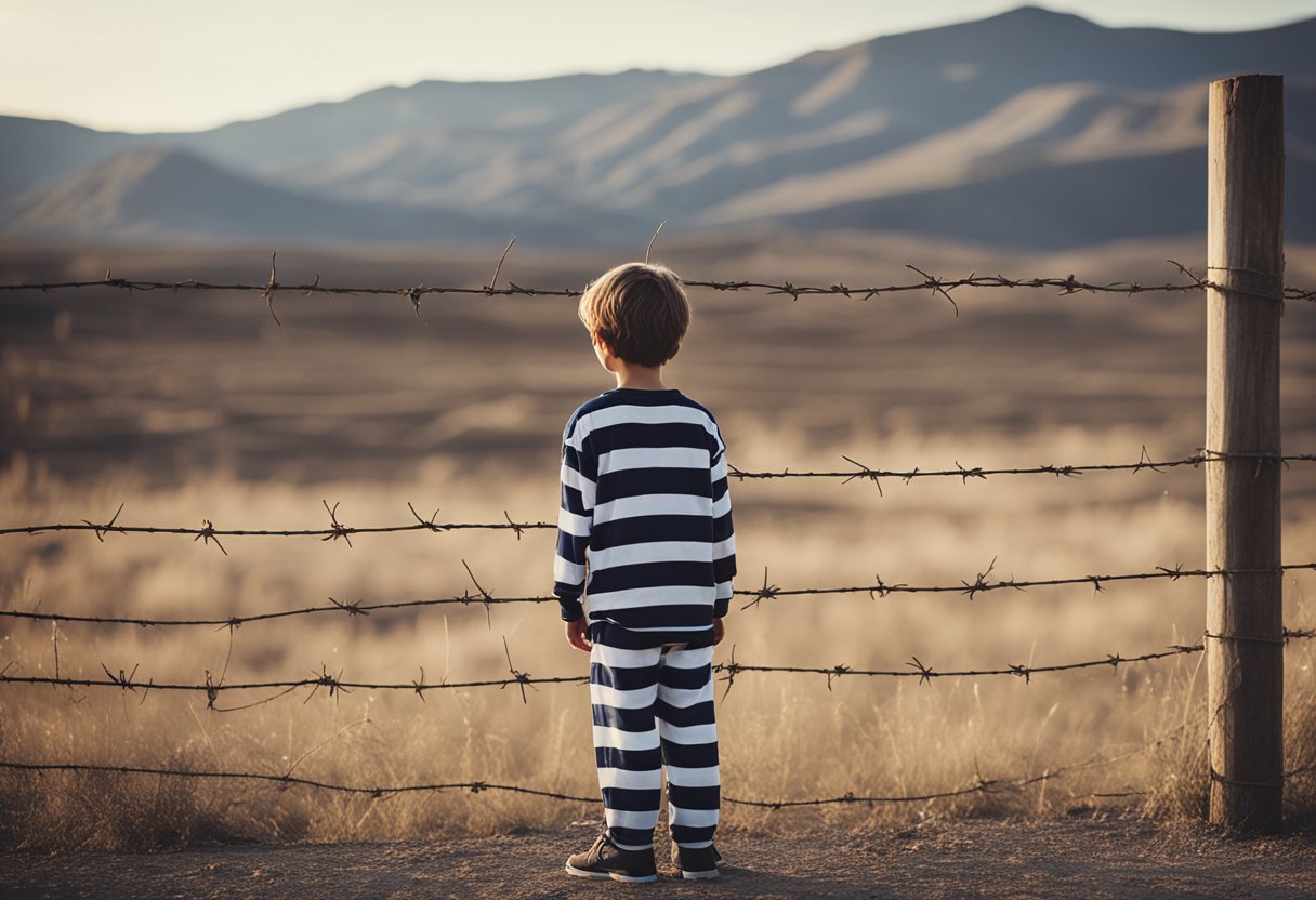 Um menino jovem em um pijama listrado está em uma cerca de arame farpado, olhando para uma paisagem desolada.