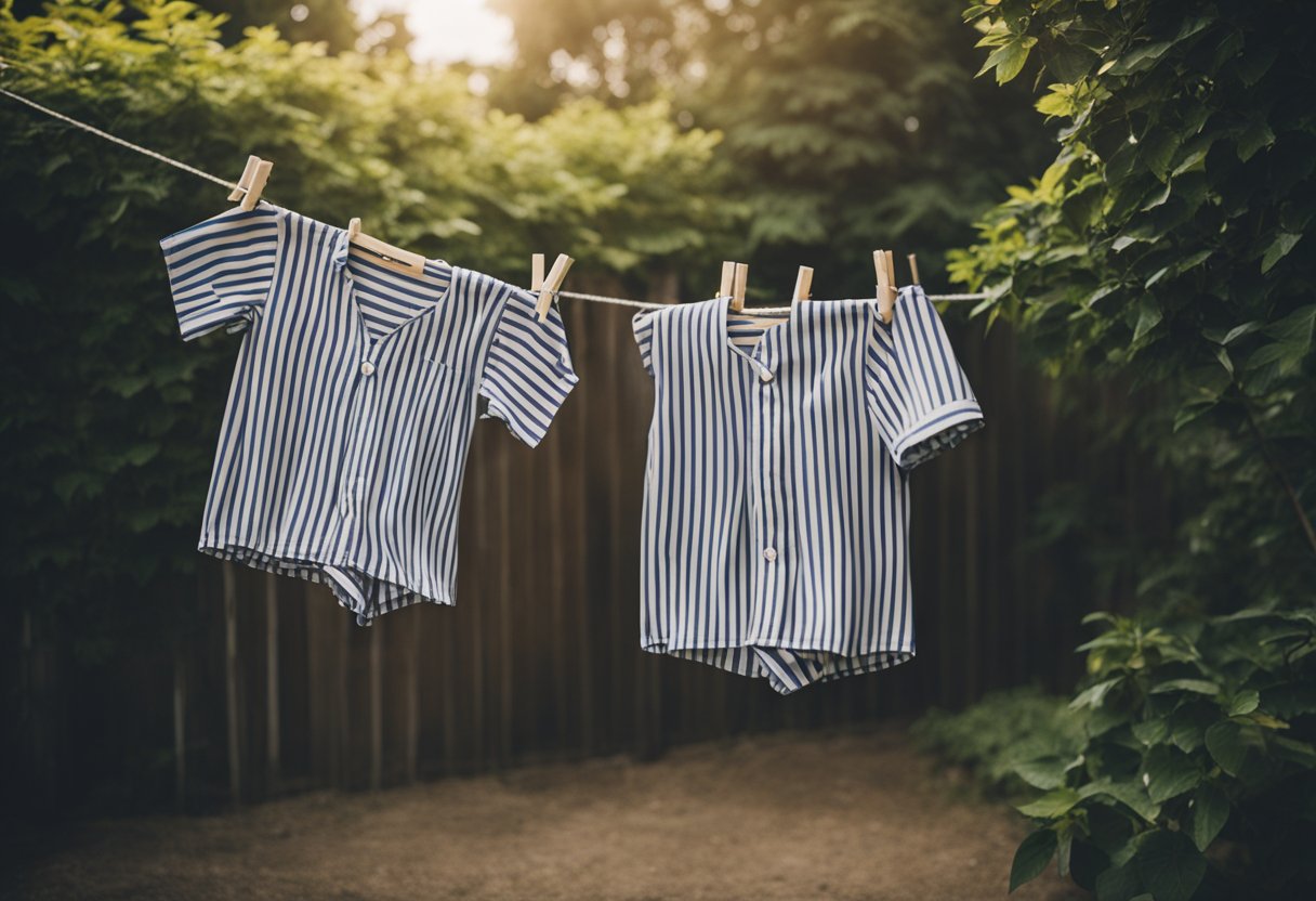 Um pequeno pijama listrado pendurado em um varal em um quintal tranquilo