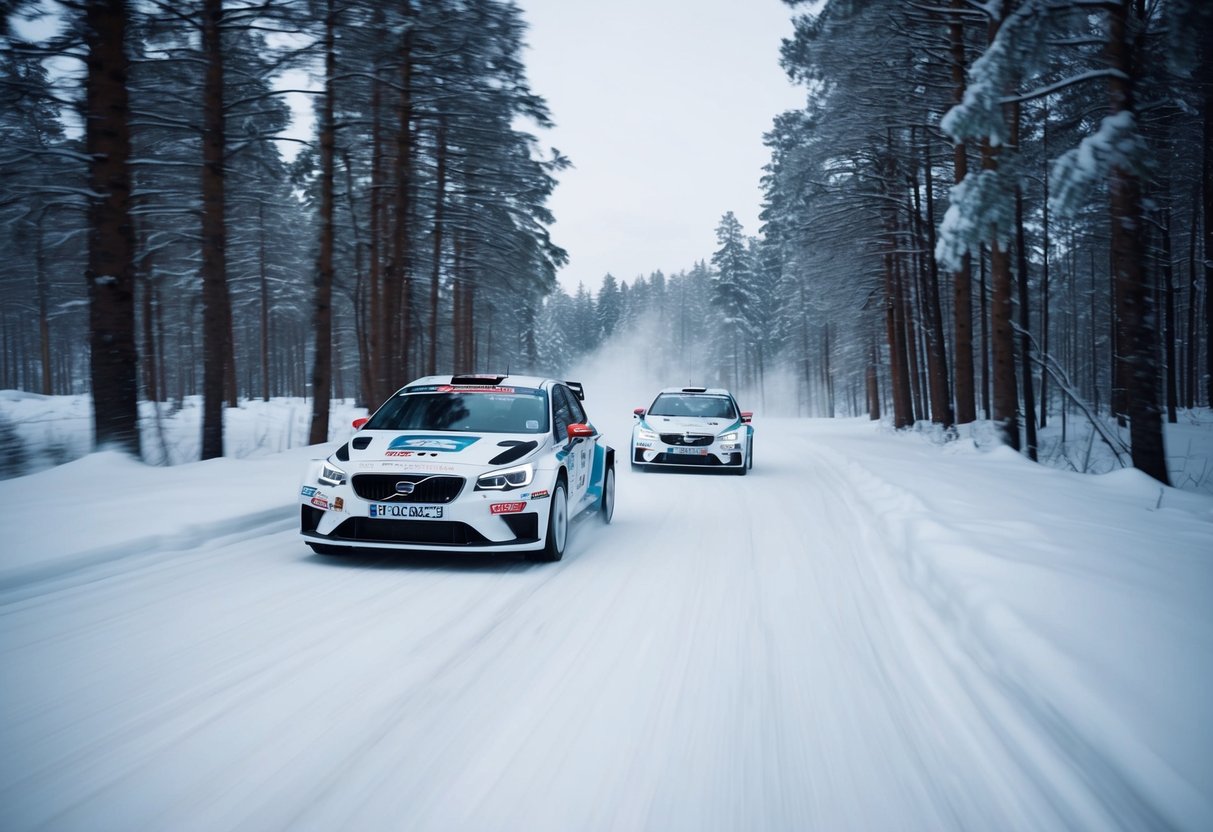 Bilar som kör i hög hastighet genom den snöiga svenska skogen under Svenska rallyt