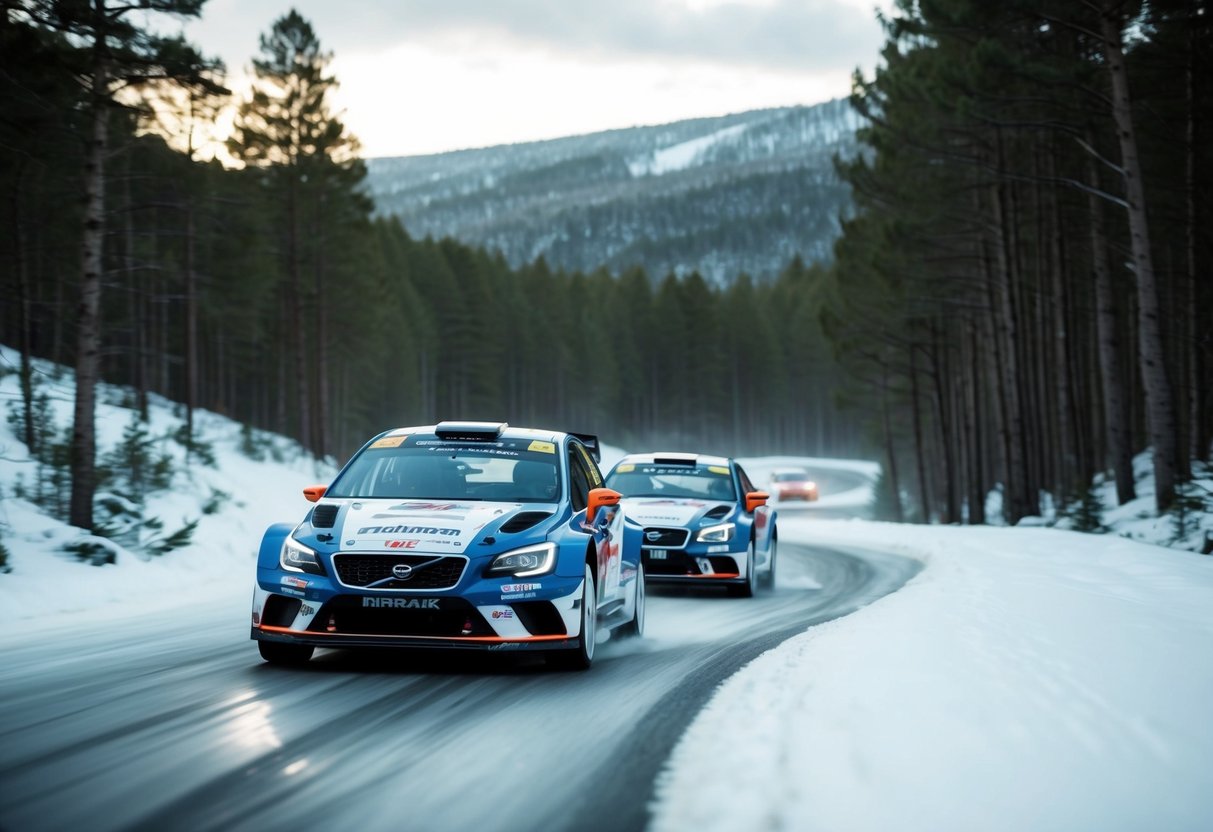 Bilar som kör snabbt genom snötäckta skogar i Svenska Rallyt, navigerar skarpa svängar och hala vägar