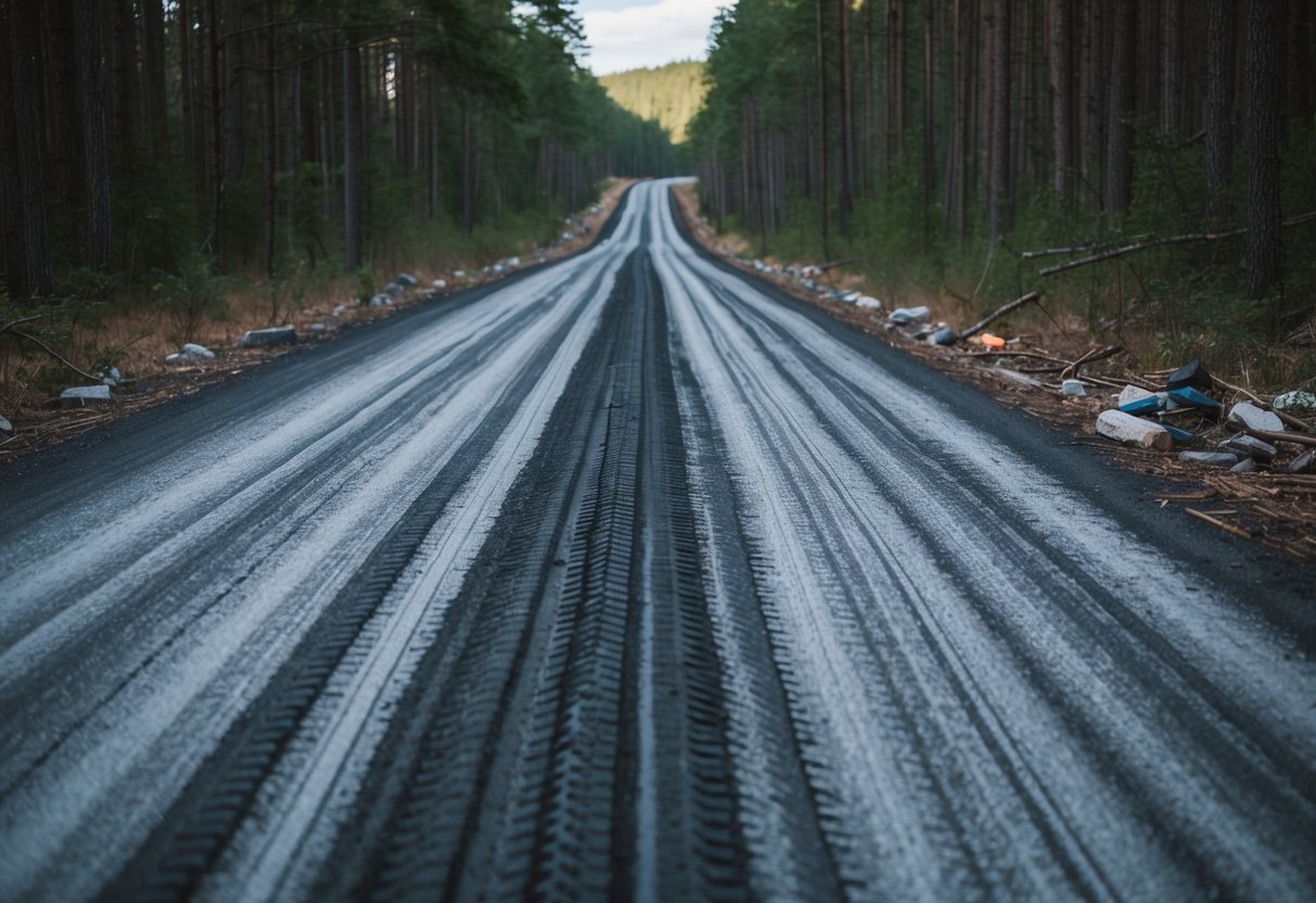 En slingrande grusväg genom en tät skog, med däckspår och spridda skräp som indikerar tidens gång