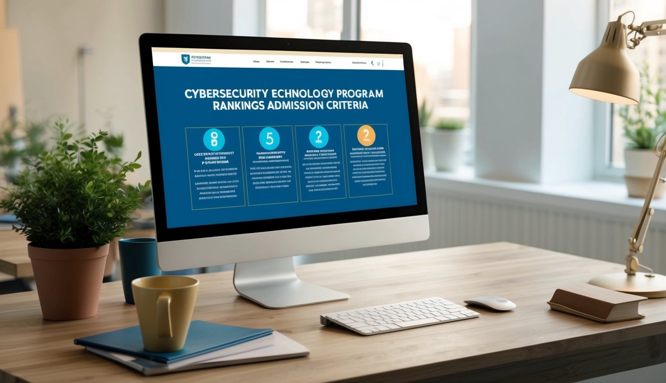2024 yılı için siber güvenlik teknolojisi program sıralamaları ve kabul kriterleri hakkında bilgi veren bir web sitesini görüntüleyen bir bilgisayar ekranı